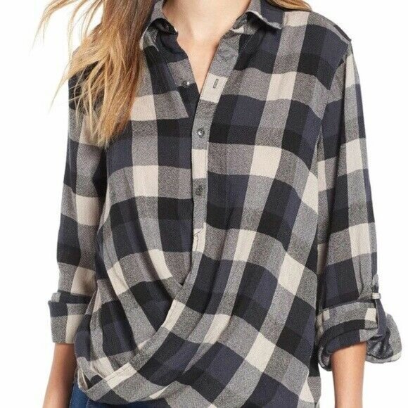BlanK NYC Plaid Wrap Button Front Top - Picture 1 of 9